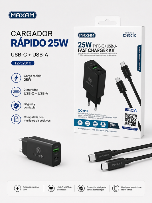 Cargador Tipo C+USB 3A Iphone 25W 2 Entradas