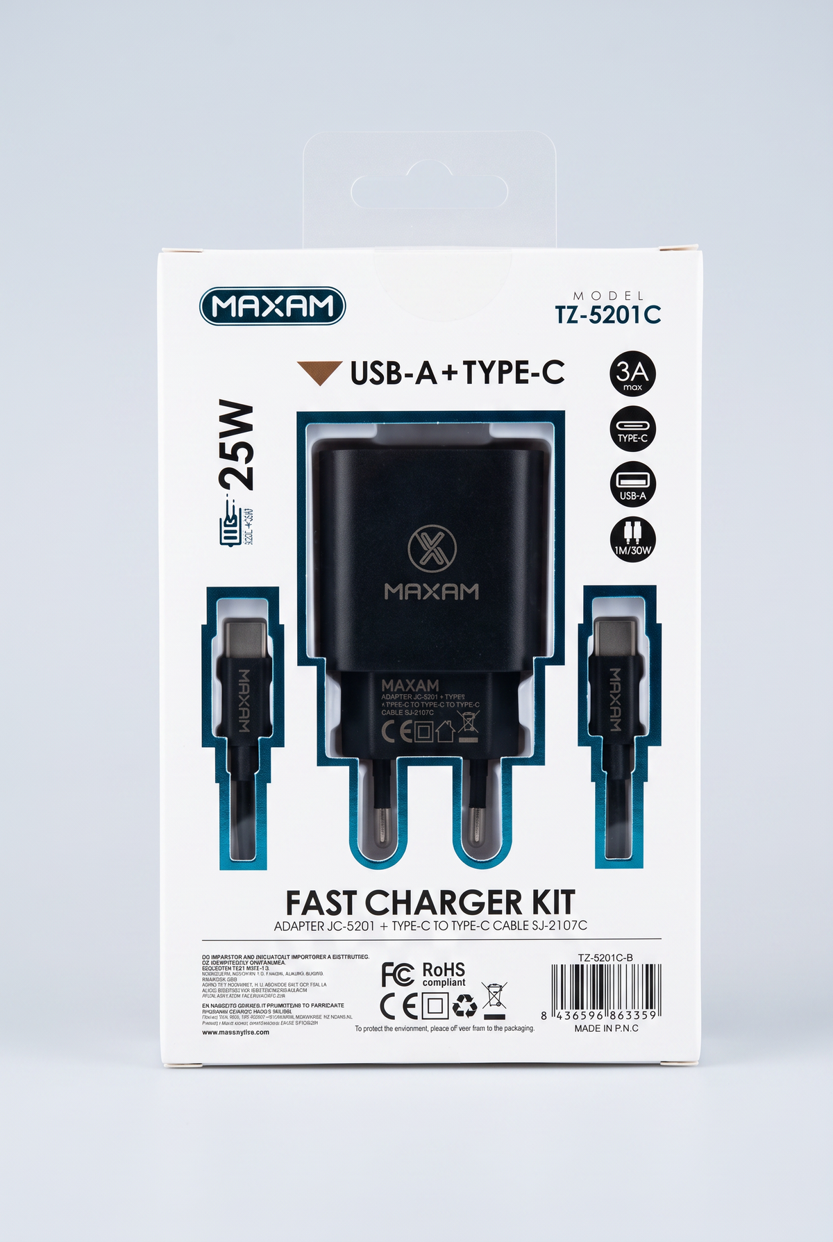 Cargador Tipo C+USB 3A Iphone 25W 2 Entradas