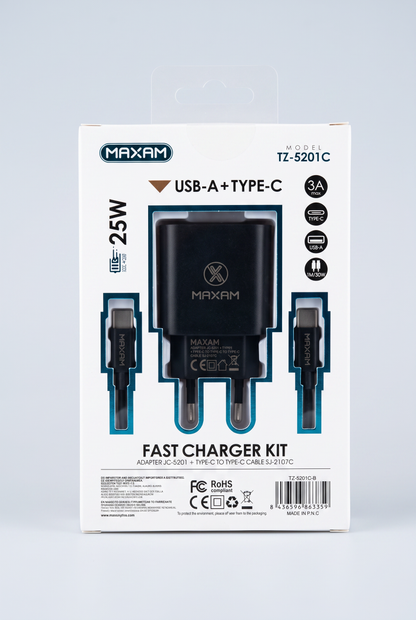 Cargador Tipo C+USB 3A Iphone 25W 2 Entradas