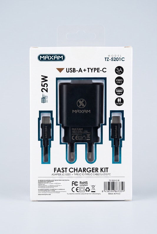 Cargador Tipo C+USB 3A Iphone 25W 2 Entradas