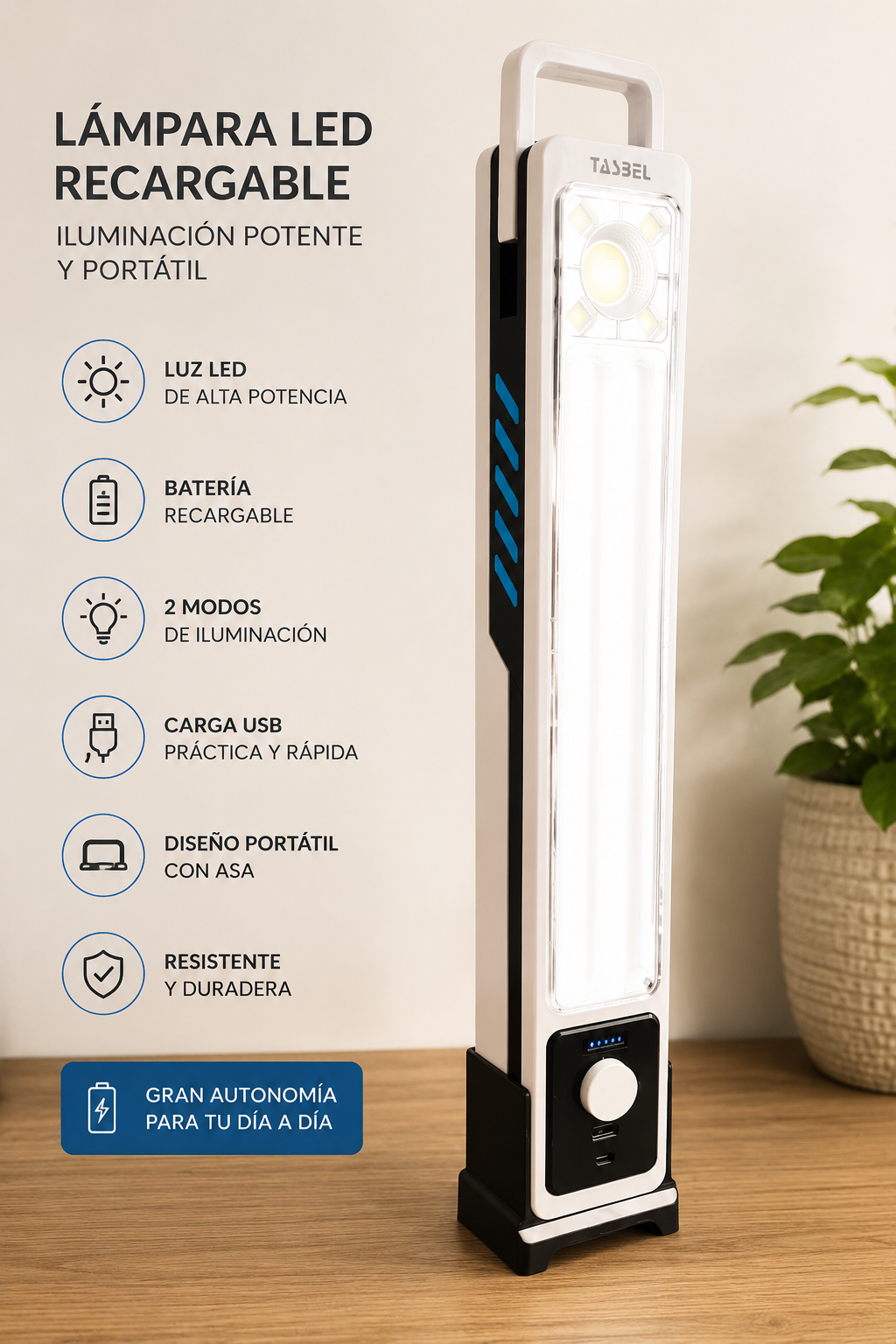 Linterna Led de Emergencia Solar y Recargable USB 3000 mAh - 45 W