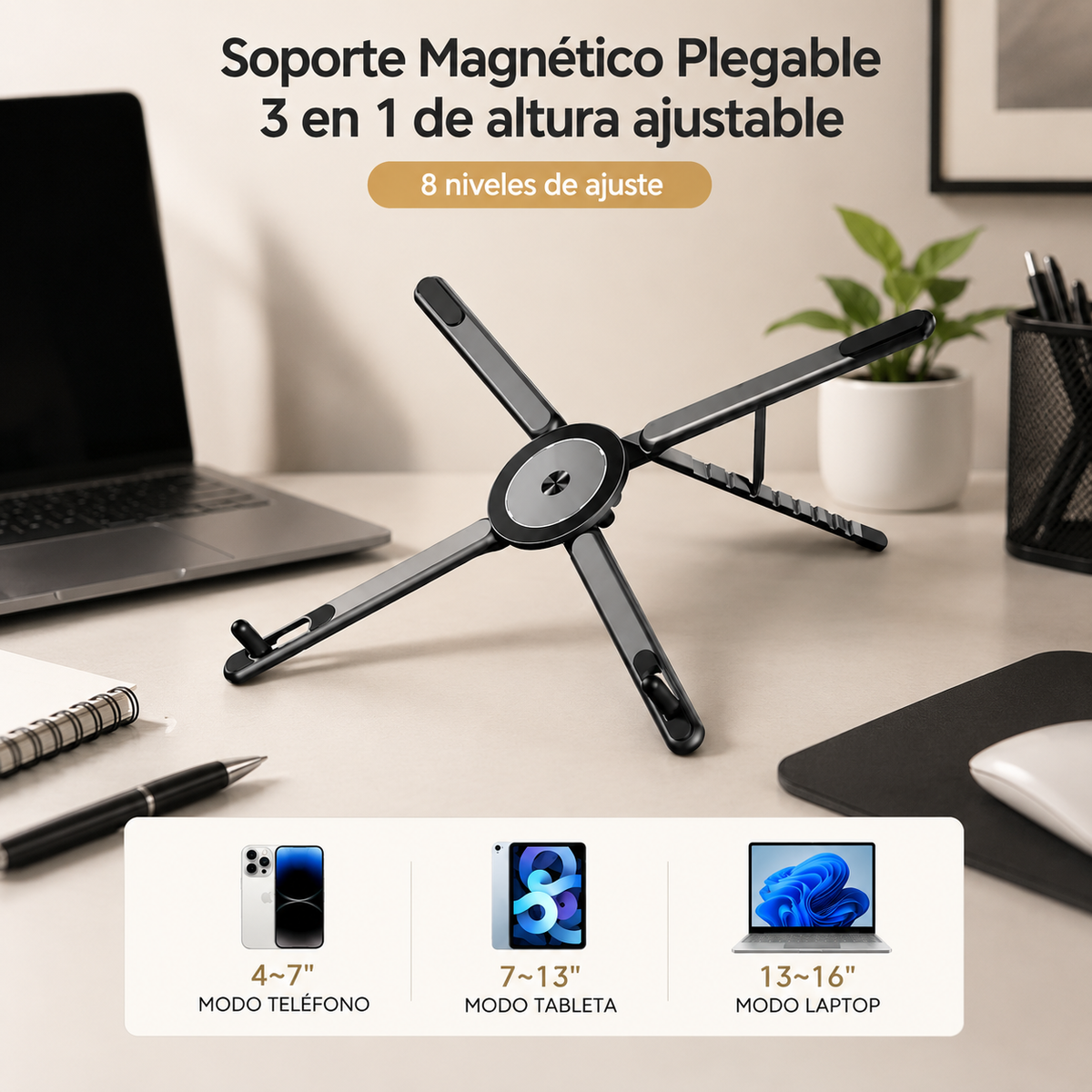 Soporte Magnético Plegable 3 en 1 (notebook, tablet, celular)